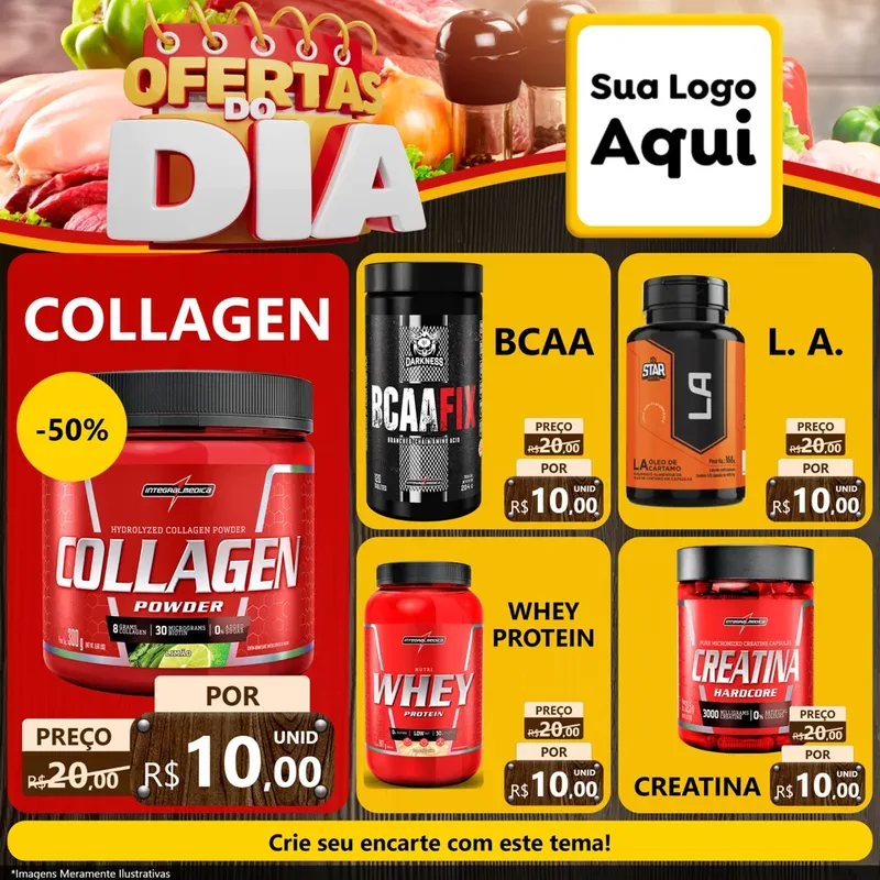 Modelo de Rede Social para Feed Facebook com o tema Ofertas do Dia para Suplementos alimentares