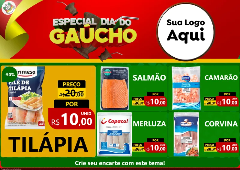 Modelo de Encarte para Encarte A4 Horizontal com o tema Especial Dia do Gaúcho para Peixaria