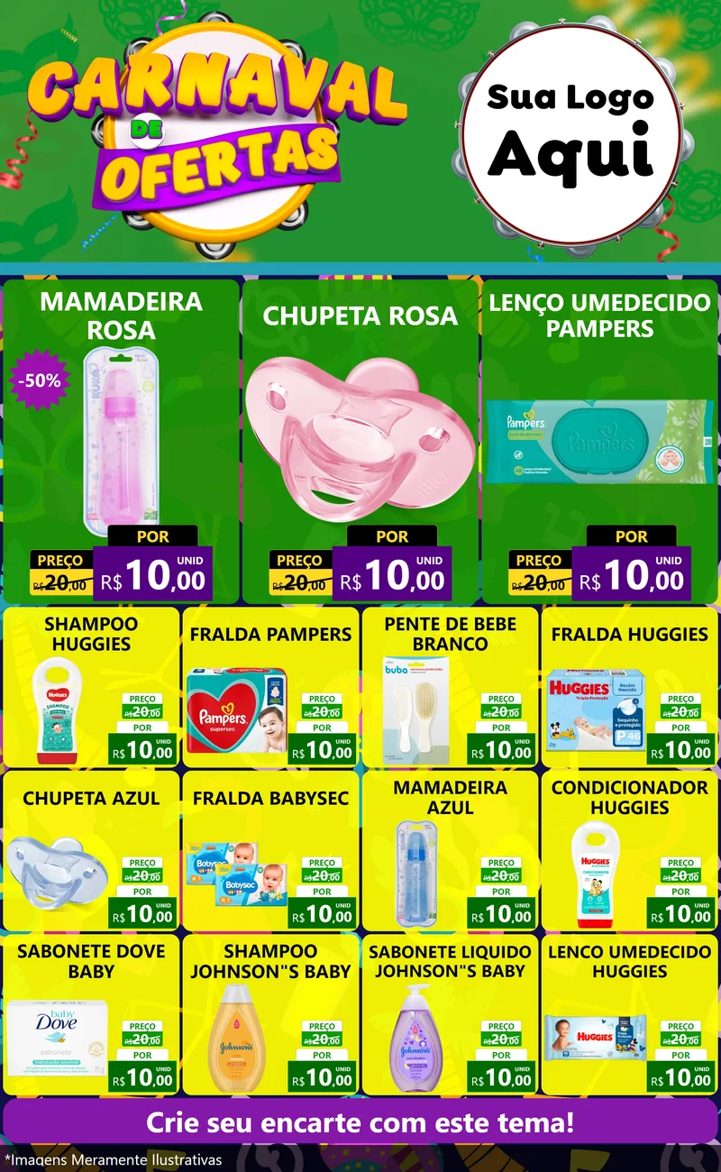 Modelo de Encarte para Encarte Grande com o tema Carnaval de Ofertas para Bebês