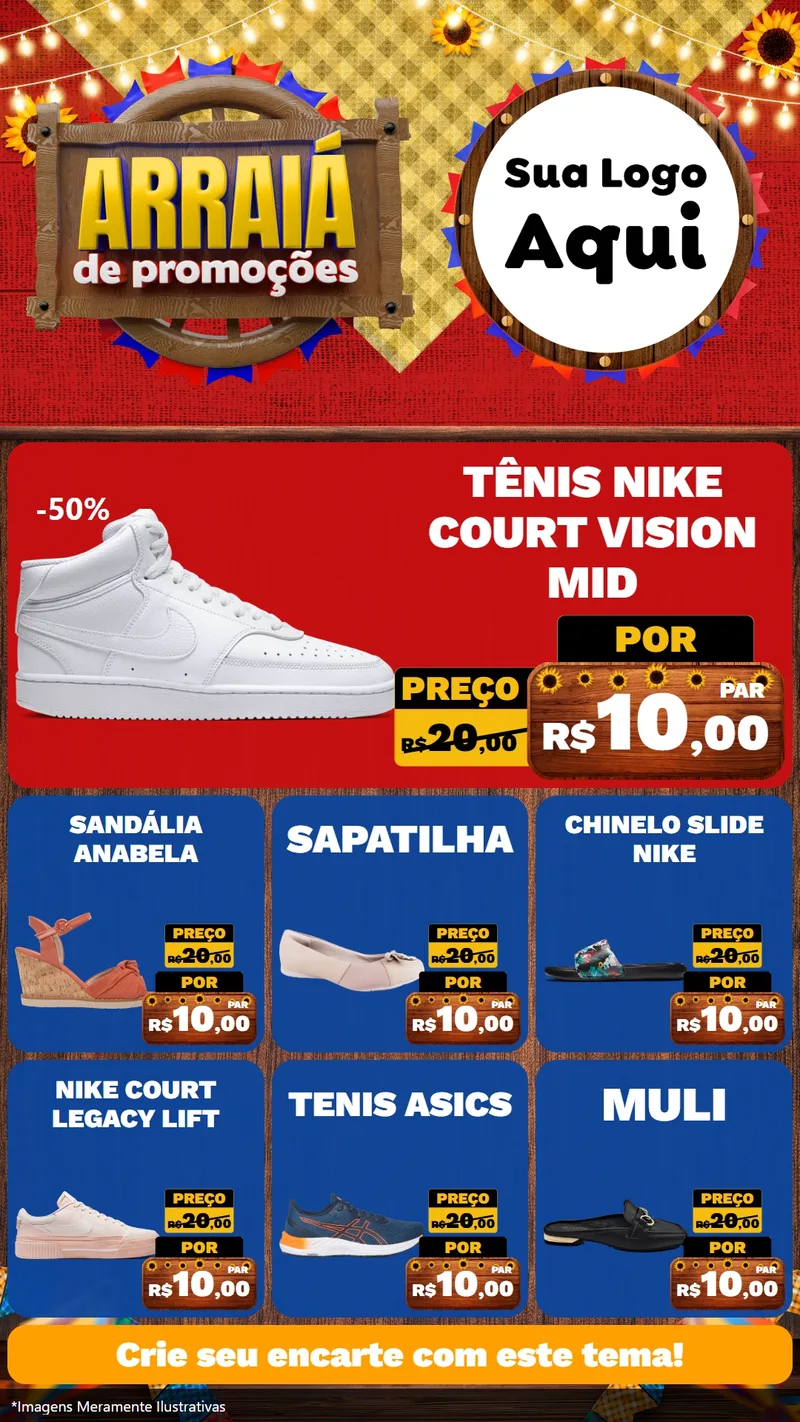 Modelo de Rede Social para Stories com o tema Arraiá de Promoções para Calçados