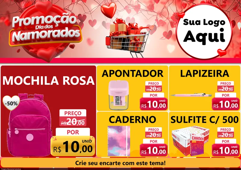 Modelo de Encarte para Encarte A4 Horizontal com o tema Promoção Dia dos Namorados para Papelaria