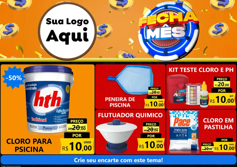 Modelo de Encarte para Encarte A4 Horizontal com o tema Fecha Mês para Produtos para Piscina