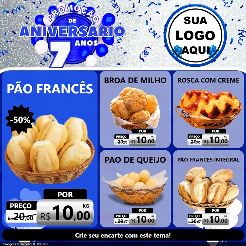 Modelo de Rede Social para Feed Facebook com o tema Promoção de Aniversário - 7 Anos para Padaria