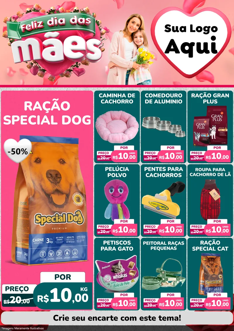 Modelo de Encarte para Encarte A4 Vertical com o tema Feliz Dia das Mães para Pet Shop