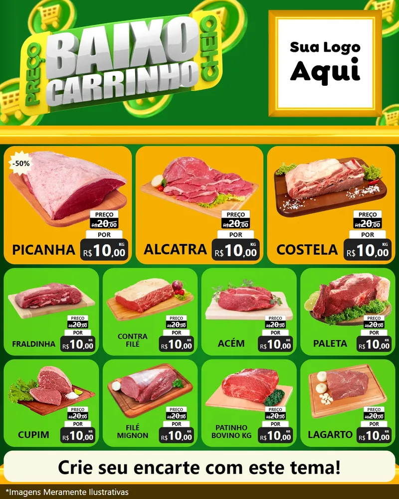 Modelo de Rede Social para Feed Instagram com o tema Preço Baixo Carrinho Cheio para Açougue