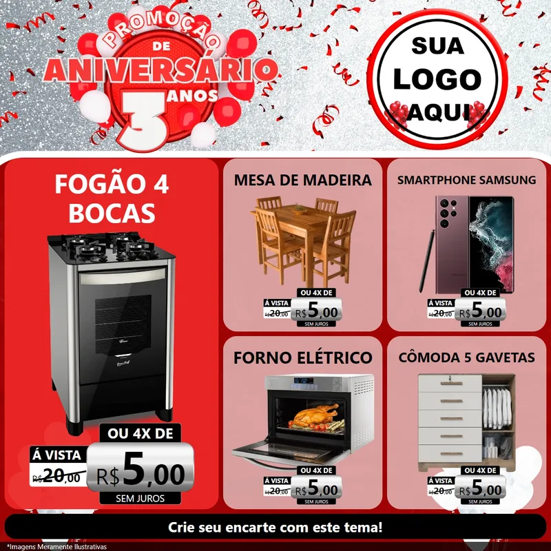Modelo de Rede Social para Feed Facebook com o tema Promoção de Aniversário - 3 Anos para Móveis e Eletro