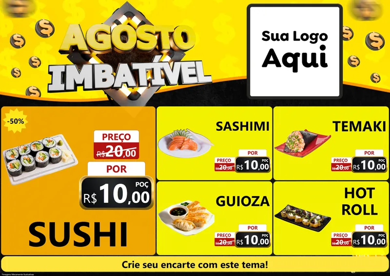 Modelo de Encarte para Encarte A4 Horizontal com o tema Agosto Imbatível para Comida japonesa