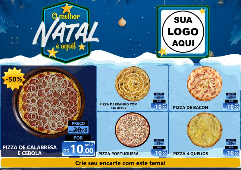 Modelo de Encarte para Encarte A4 Horizontal com o tema O Melhor Natal É Aqui! para Pizzaria