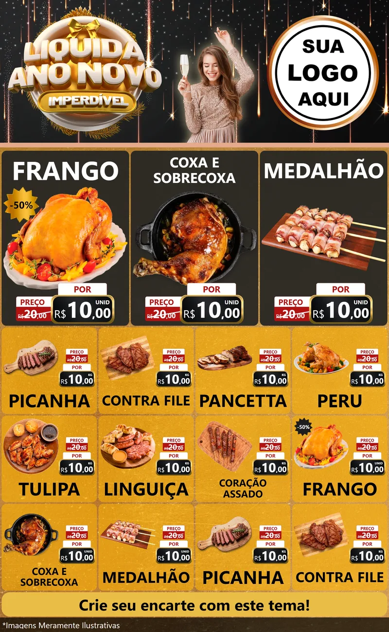 Modelo de Encarte para Encarte Grande com o tema Liquida Ano Novo Imperdível para Assados