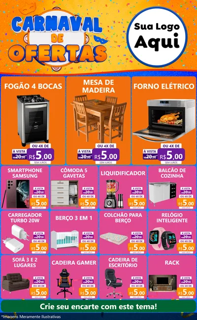 Modelo de Encarte para Encarte Grande com o tema Carnaval de Ofertas para Móveis e Eletro