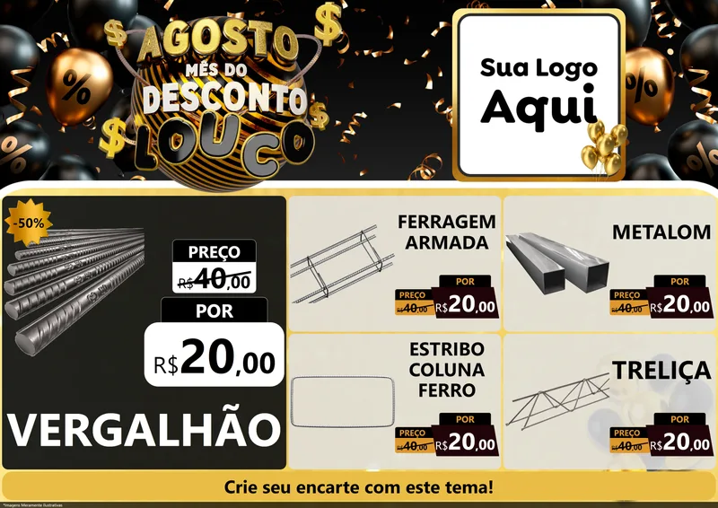 Modelo de Encarte para Encarte A4 Horizontal com o tema Agosto Mês do Desconto Louco para Ferragens