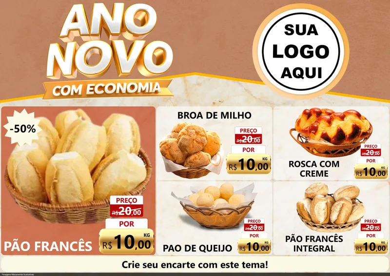 Modelo de Encarte para Encarte A4 Horizontal com o tema Ano Novo Com Economia para Padaria