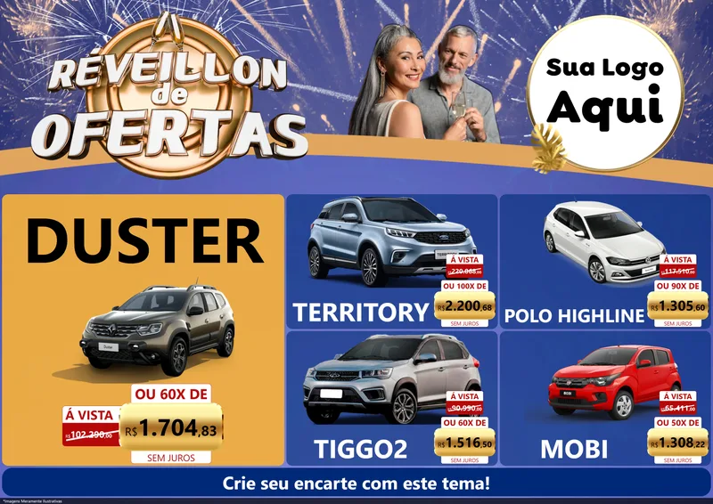 Modelo de Encarte para Encarte A4 Horizontal com o tema Réveillon de Ofertas para Concessionaria de Carros