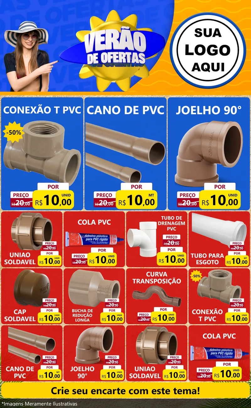 Modelo de Encarte para Encarte Grande com o tema Verão de Ofertas para Tubos e conexões