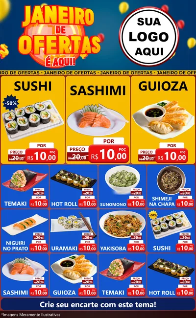 Modelo de Encarte para Encarte Grande com o tema Janeiro de Ofertas É Aqui! para Comida japonesa
