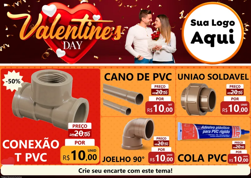 Modelo de Encarte para Encarte A4 Horizontal com o tema Valentine's Day para Tubos e conexões