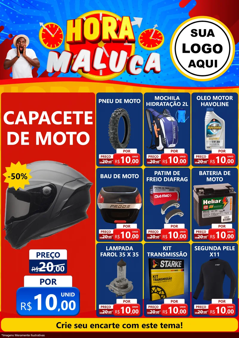 Modelo de Encarte para Encarte A4 Vertical com o tema Hora Maluca para Moto peças