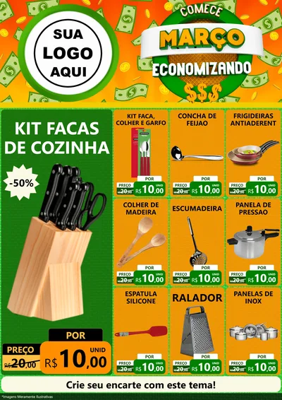 Modelo de Encarte para Encarte A4 Vertical com o tema Comece Março Economizando para Utilidades Domésticas