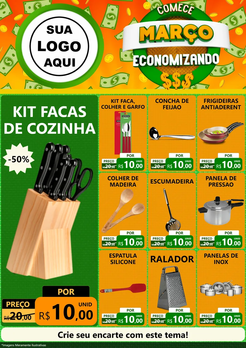 Modelo de Encarte para Encarte A4 Vertical com o tema Comece Março Economizando para Utilidades Domésticas