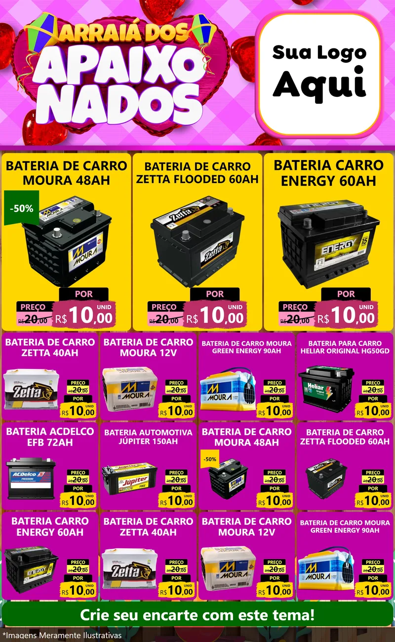 Modelo de Encarte para Encarte Grande com o tema Arraiá dos Apaixonados para Baterias Elétricas