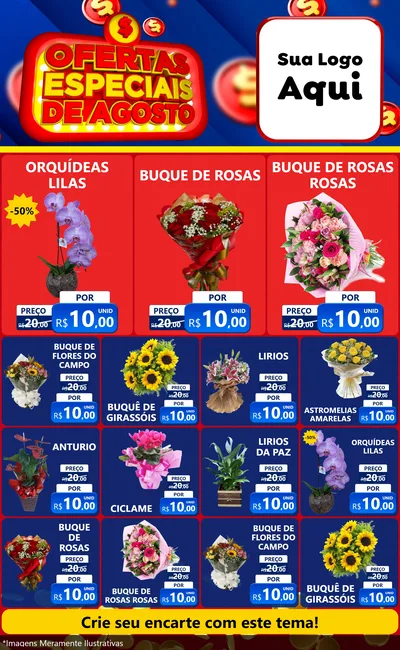 Modelo de Encarte para Encarte Grande com o tema Ofertas Especiais de Agosto para Floricultura e jardim