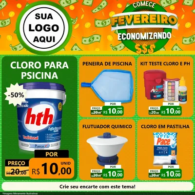 Modelo de Rede Social para Feed Facebook com o tema Comece Fevereiro Economizando para Produtos para Piscina