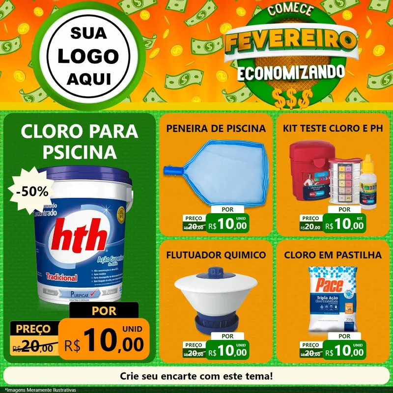 Modelo de Rede Social para Feed Facebook com o tema Comece Fevereiro Economizando para Produtos para Piscina