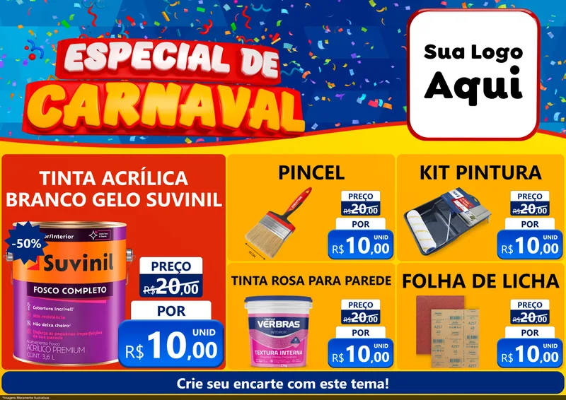 Modelo de Encarte para Encarte A4 Horizontal com o tema Especial de Carnaval para Tintas e Ferramentas