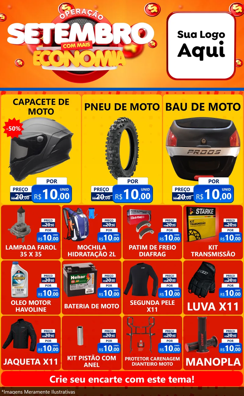 Modelo de Encarte para Encarte Grande com o tema Operação Setembro Com Muita Economia para Moto peças