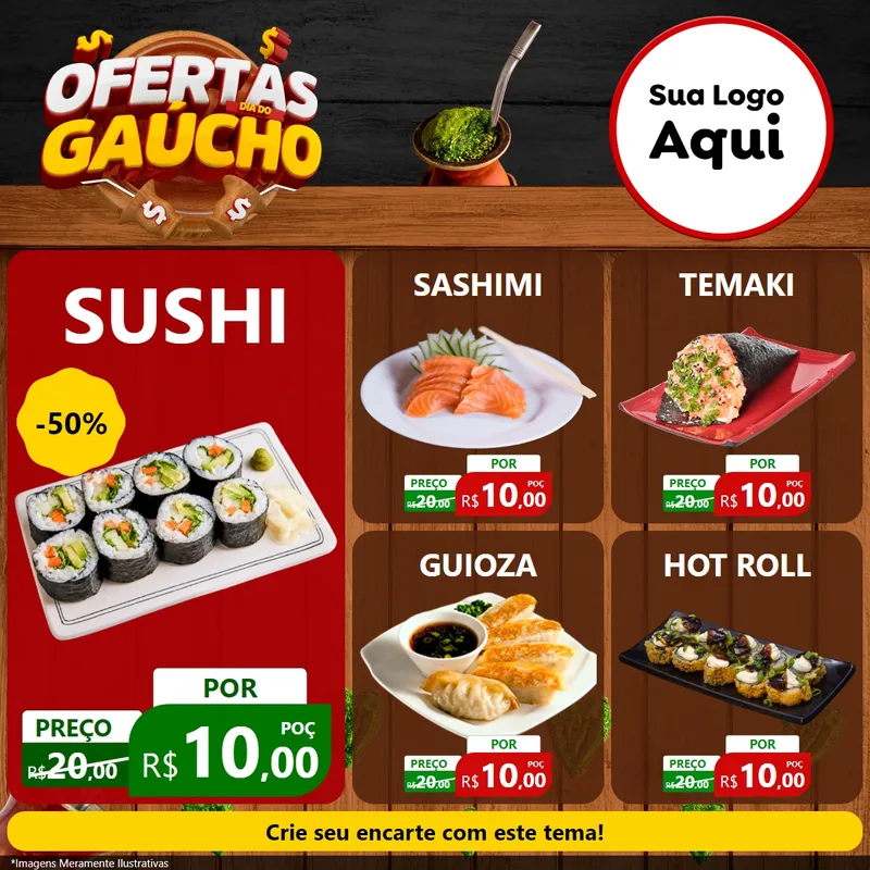Modelo de Rede Social para Feed Facebook com o tema Ofertas Dia do Gaúcho para Comida japonesa