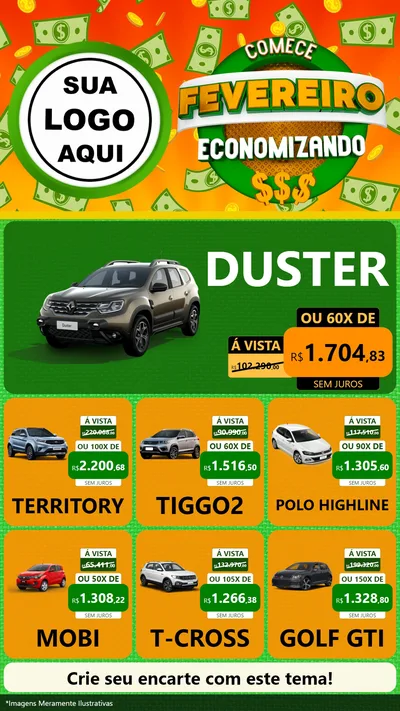 Modelo de Rede Social para Stories com o tema Comece Fevereiro Economizando para Concessionaria de Carros