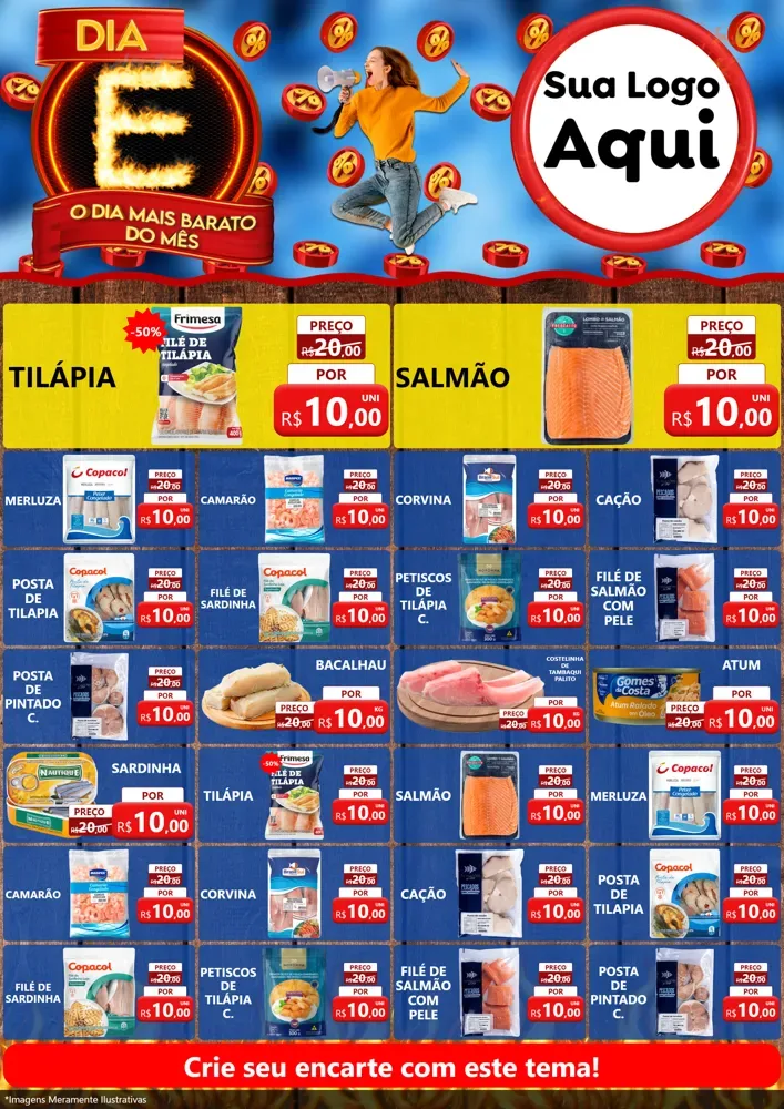 Modelo de Encarte para Encarte A4 Vertical com o tema Dia E - O Dia Mais Barato Do Mês para Peixaria