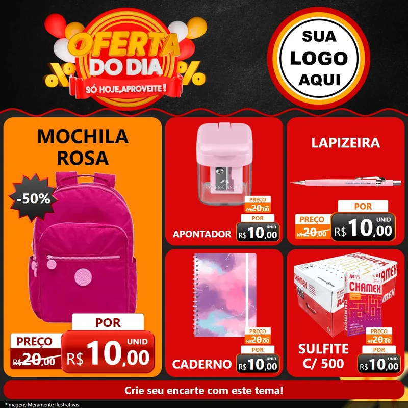 Modelo de Rede Social para Feed Facebook com o tema Oferta do Dia - Só hoje, Aproveite! para Papelaria