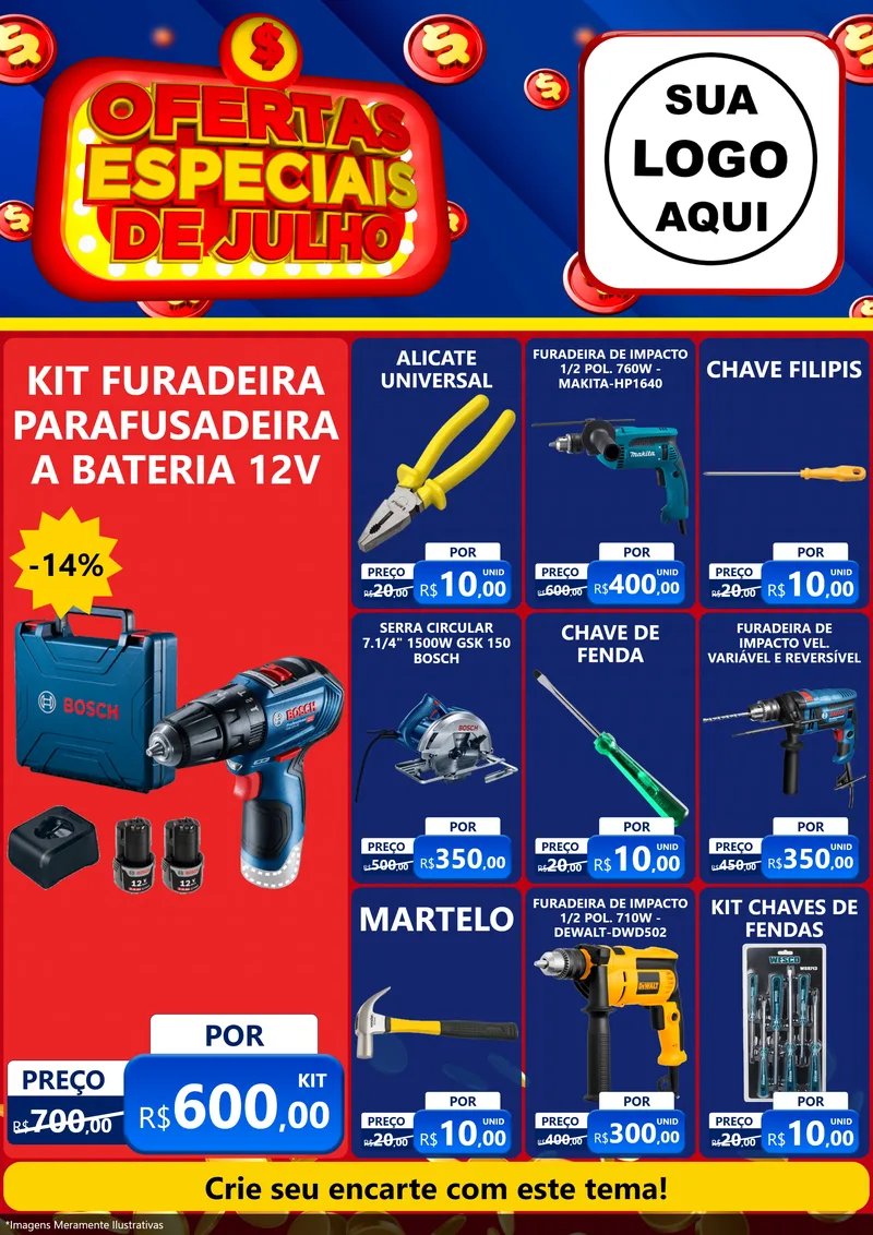 Modelo de Encarte para Encarte A4 Vertical com o tema Ofertas Especiais de Julho para Maquinas e Ferramentas