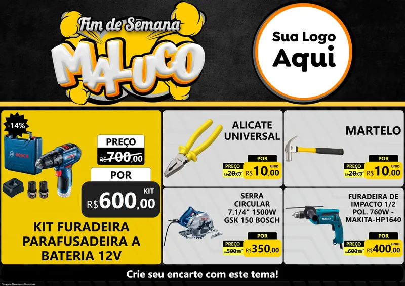 Modelo de Encarte para Encarte A4 Horizontal com o tema Fim de Semana Maluco para Maquinas e Ferramentas