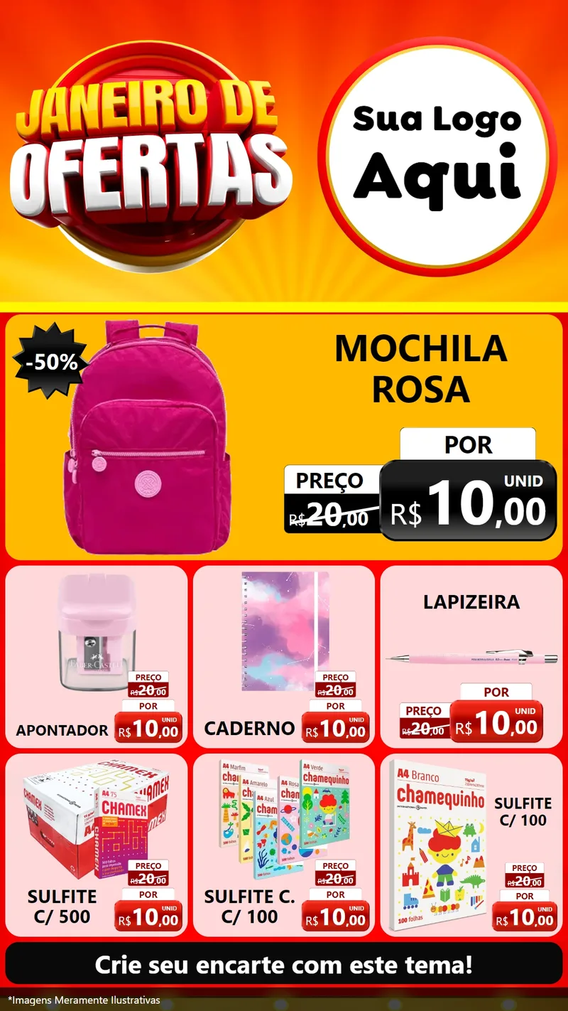 Modelo de Rede Social para Stories com o tema Janeiro de Ofertas para Papelaria