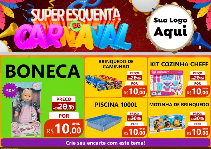 Modelo de Encarte para Encarte A4 Horizontal com o tema Super Esquenta de Carnaval para Brinquedos
