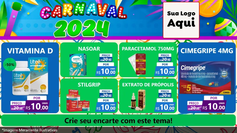 Modelo de TV para TV Horizontal com o tema Carnaval 2027 para Farmácia