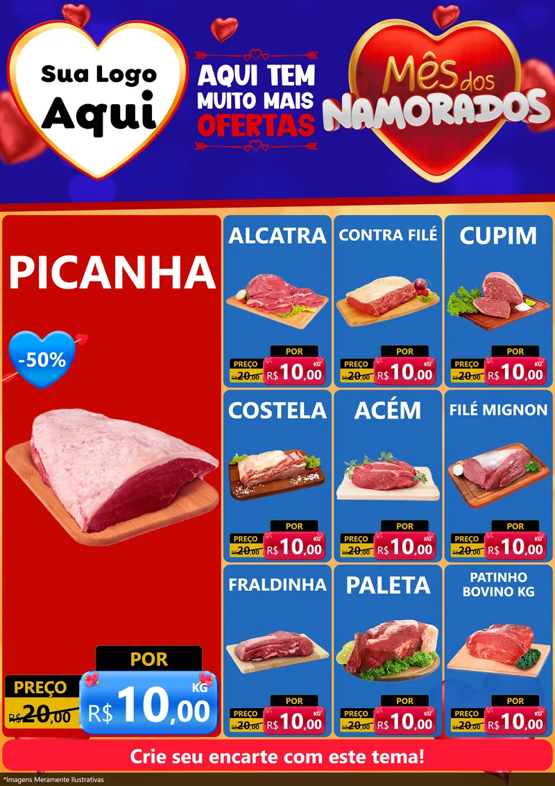 Modelo de Encarte para Encarte A4 Vertical com o tema Mês dos Namorados para Açougue