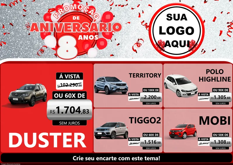 Modelo de Encarte para Encarte A4 Horizontal com o tema Promoção de Aniversário - 8 Anos para Concessionaria de Carros