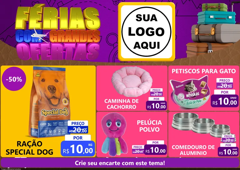 Modelo de Encarte para Encarte A4 Horizontal com o tema Férias com Grandes Ofertas para Pet Shop