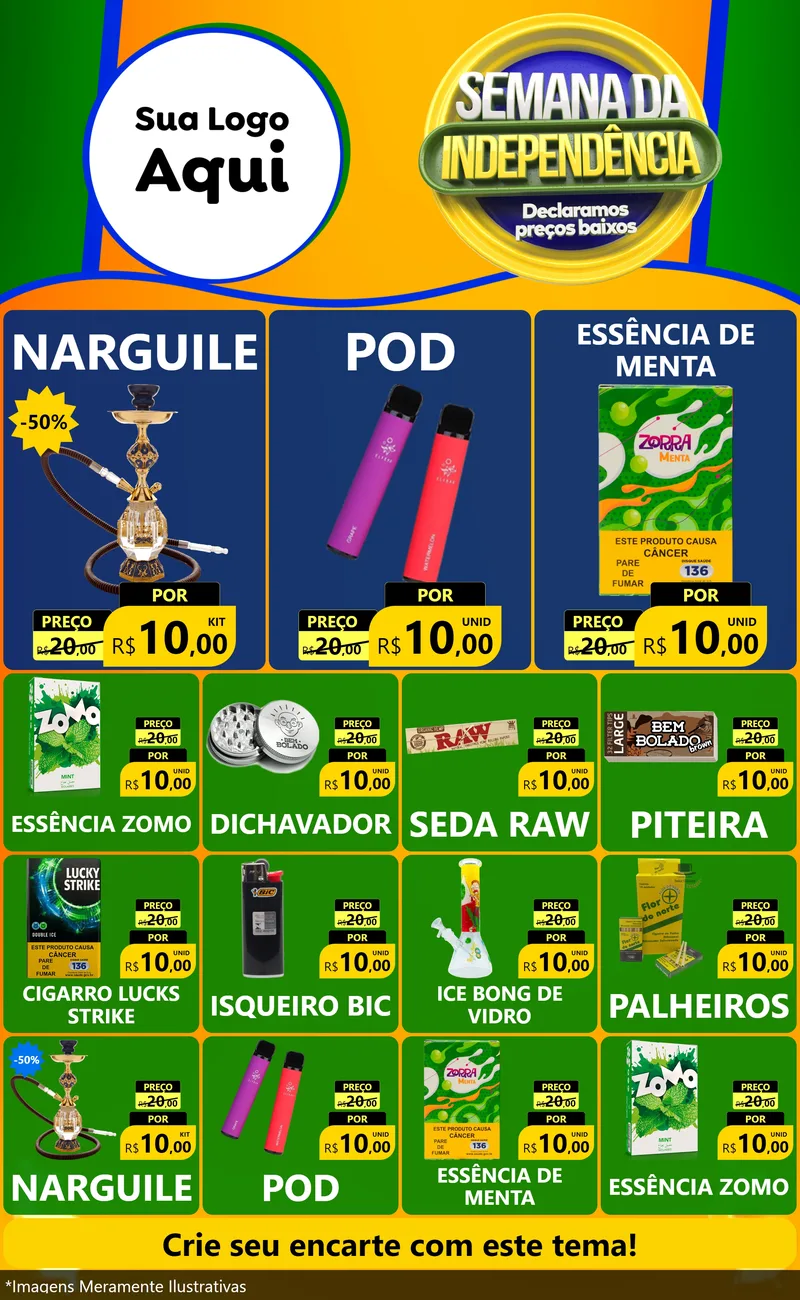 Modelo de Encarte para Encarte Grande com o tema Semana da Independência Declaramos Preços Baixos para Tabacaria