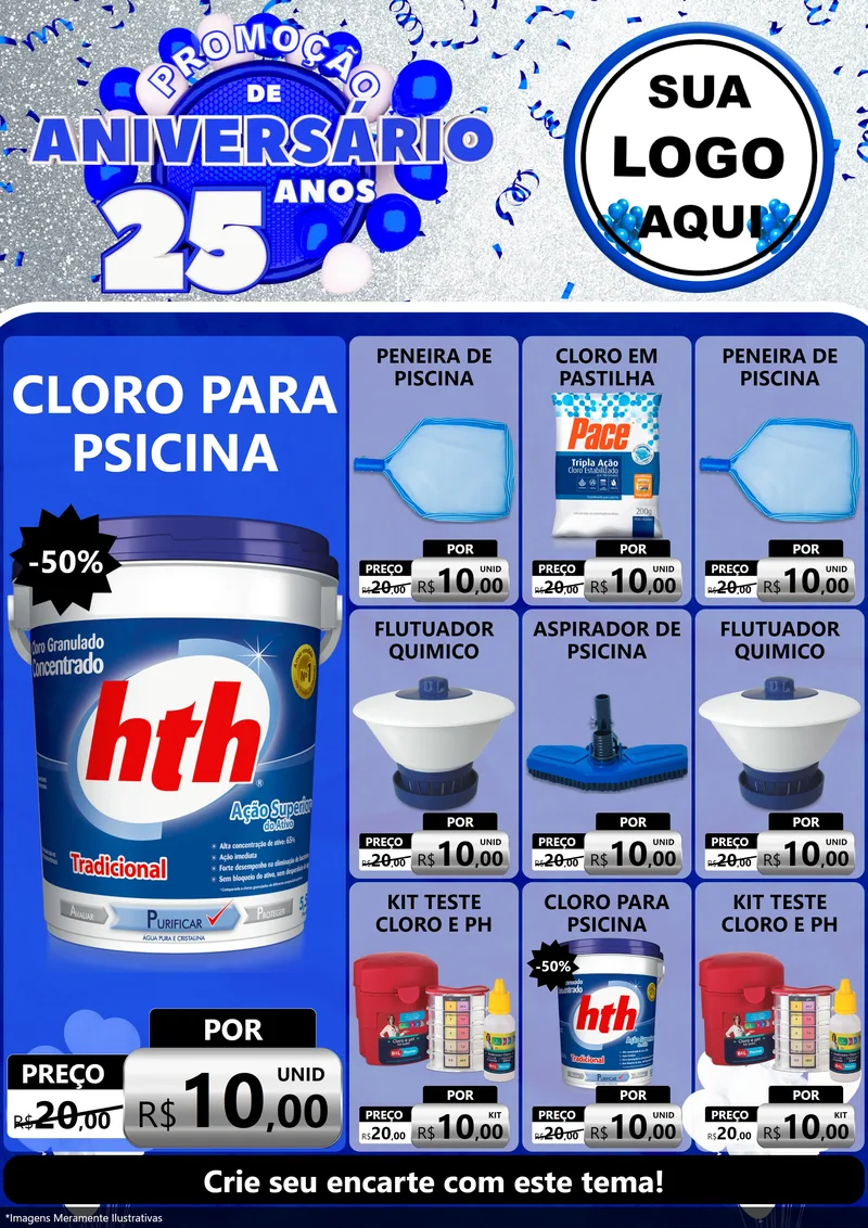 Modelo de Encarte para Encarte A4 Vertical com o tema Promoção de Aniversário - 25 Anos para Produtos para Piscina