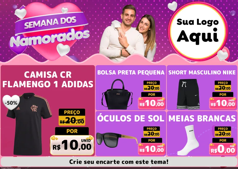 Modelo de Encarte para Encarte A4 Horizontal com o tema Semana dos Namorados para Roupas e acessórios