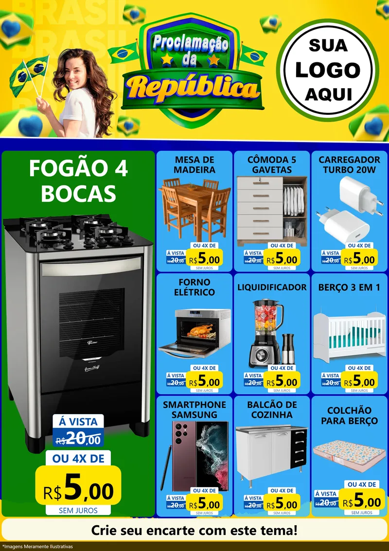 Modelo de Encarte para Encarte A4 Vertical com o tema Proclamação da República para Móveis e Eletro