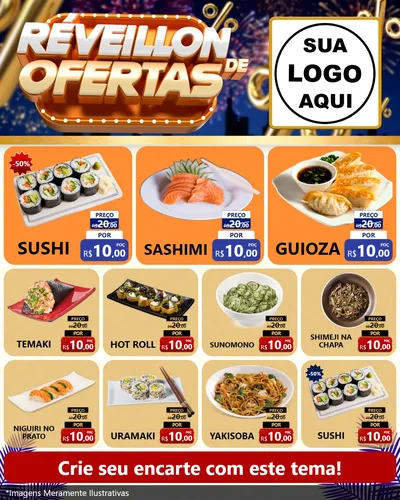 Modelo de Rede Social para Feed Instagram com o tema Réveillon de Ofertas para Comida japonesa