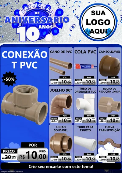 Modelo de Encarte para Encarte A4 Vertical com o tema Promoção de Aniversário - 10 Anos para Tubos e conexões