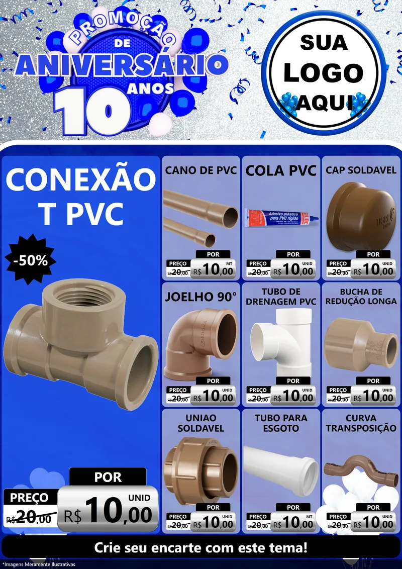 Modelo de Encarte para Encarte A4 Vertical com o tema Promoção de Aniversário - 10 Anos para Tubos e conexões