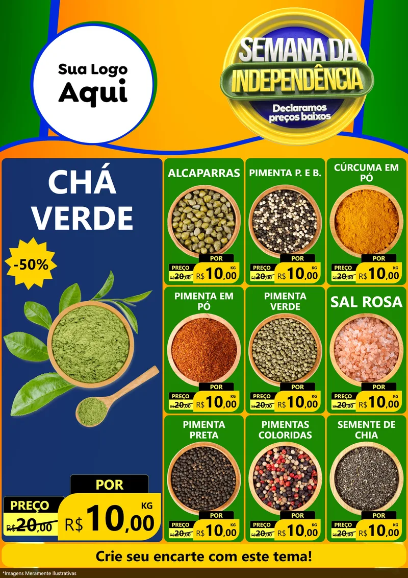 Modelo de Encarte para Encarte A4 Vertical com o tema Semana da Independência Declaramos Preços Baixos para Produtos Naturais