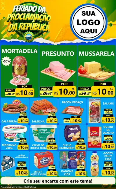 Modelo de Encarte para Encarte Grande com o tema Feriado da Proclamação da República para Frios e Laticínios